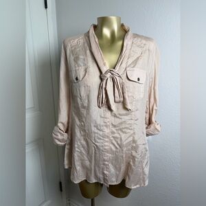 Sanctuary blush peach 100% silk blouse top with a bow neck and pockets L